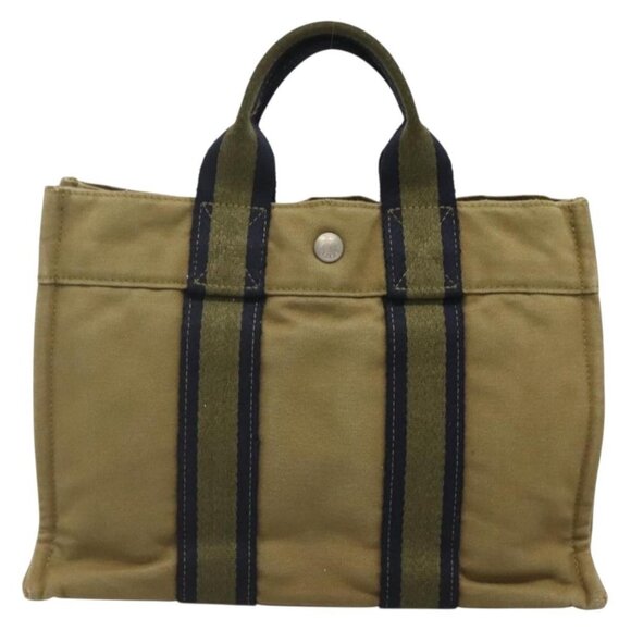 HERMES Fourre Tout PM Hand Bag Canvas Green Gray Auth - Picture 9 of 16